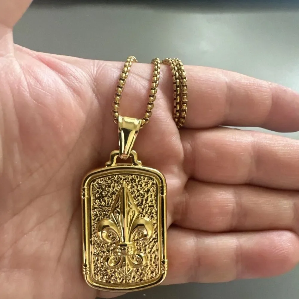 Fleur-De-Lis Gold Plated Pendant 24” Necklace Stainless Steel Dog Tag Gift